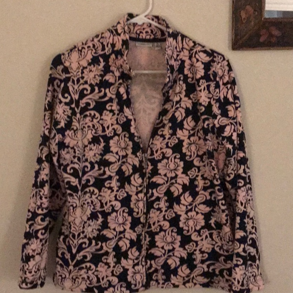 Zip up navy blue and pink jacket.